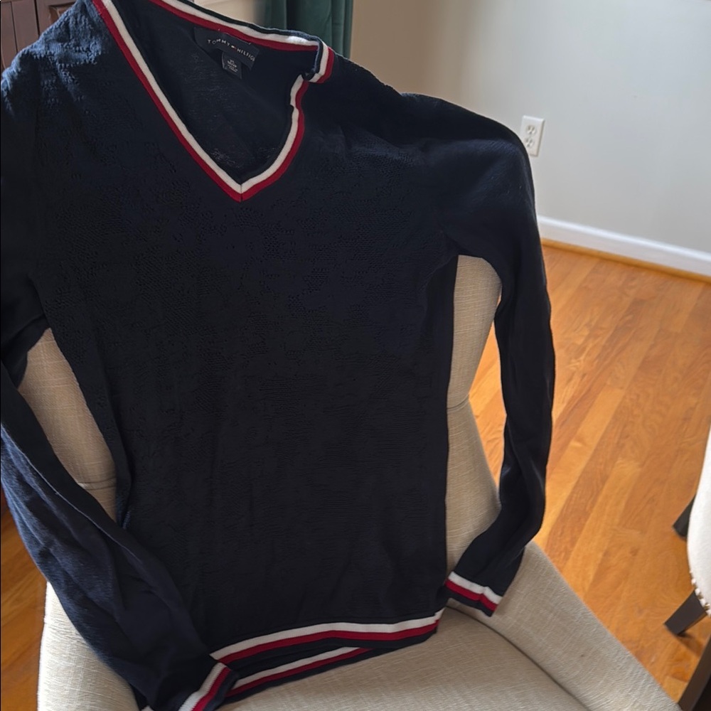 Tommy Hilfiger Navy V-Neck Sweater with Red and White Trim ❤️💙